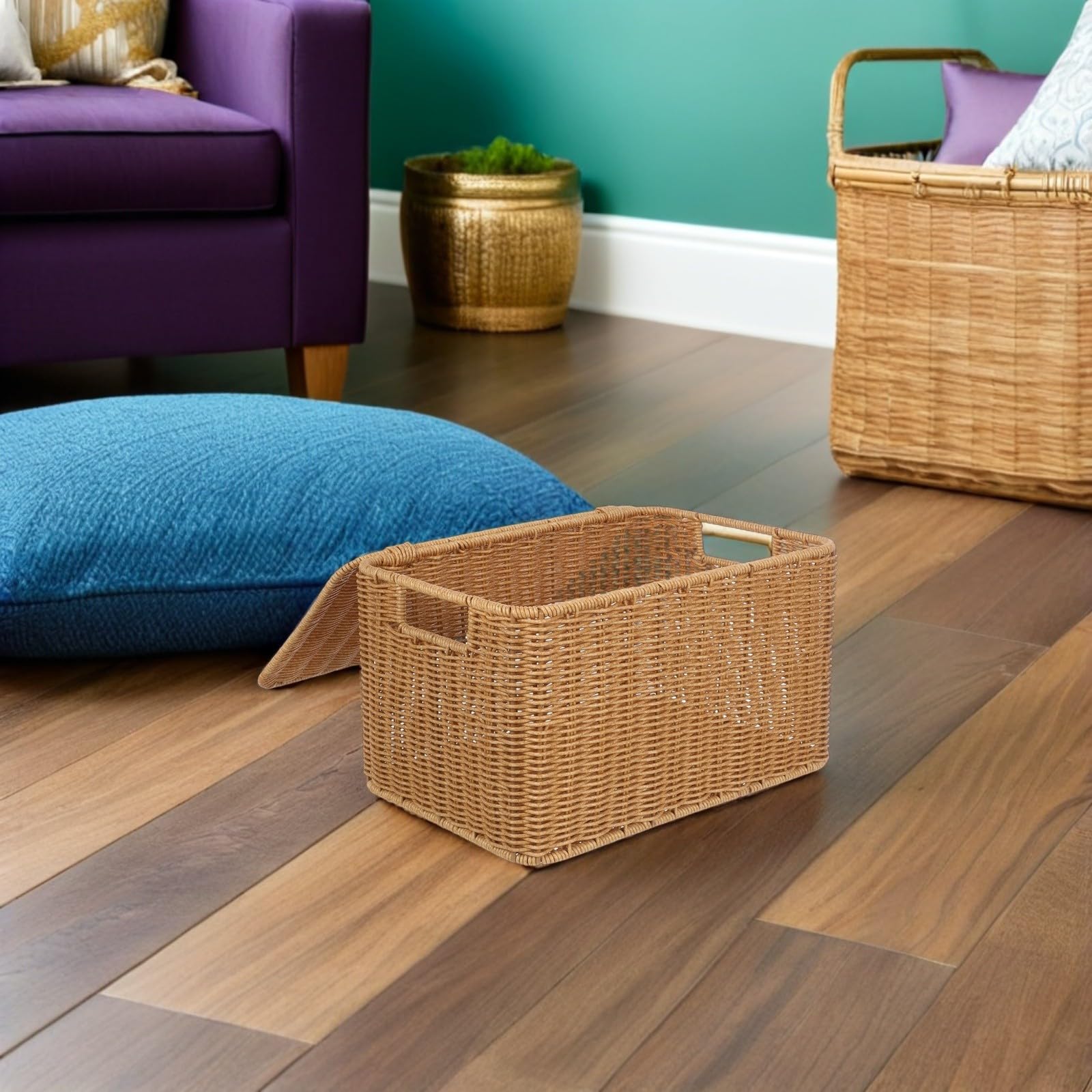 POPETPOP Cesta de Almacenamiento de Ratán Sintético, Cesta de Almacenamiento Rectangular con Tapa, Grande, Khaki, Ligera y Portátil para Juguetes, Maquillaje y Baño Hogar y Dormitorio