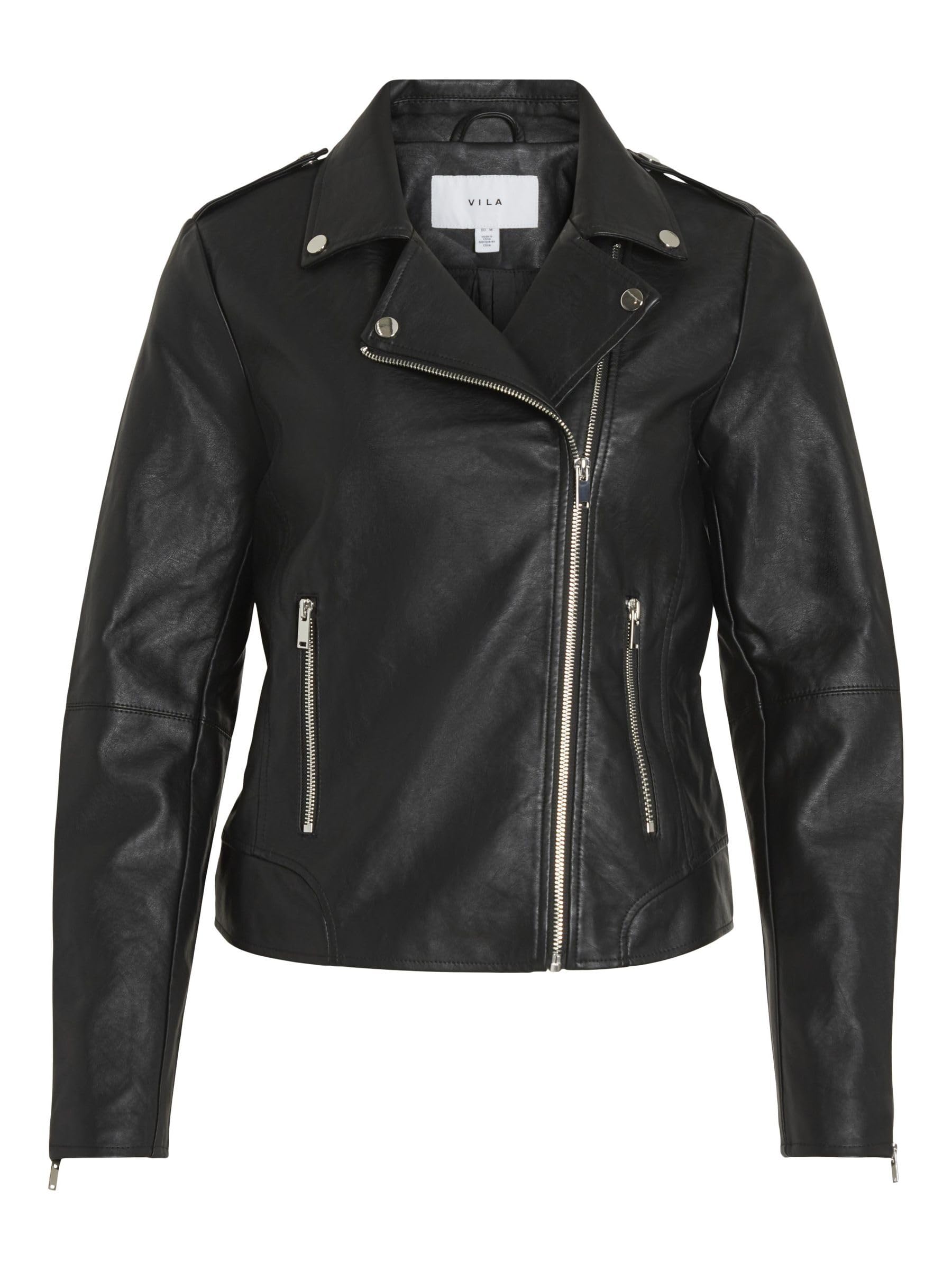 Vila Short Zip-Up Jacket In Faux Leather Women's Black Large