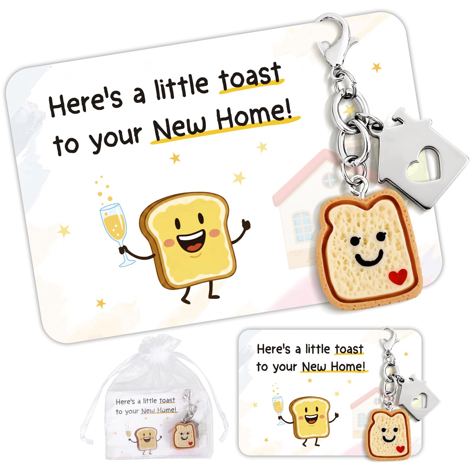 Doorio Unisex New Home Gifts, 2 Pack Toast Keyrings With Cards Cute Housewarming Keychain Gifts For Friends Couples Homeowners