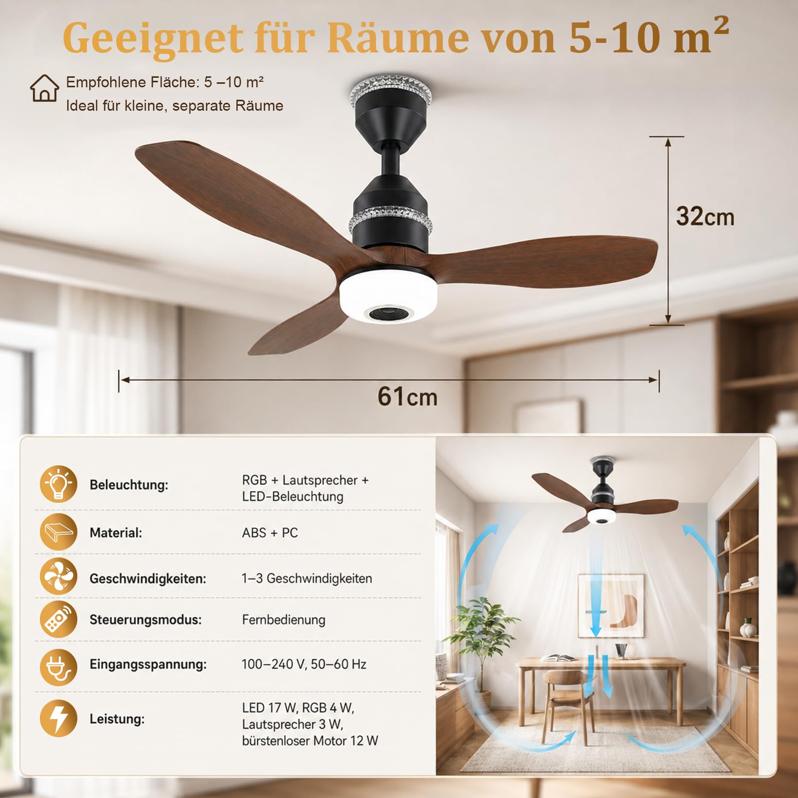 Smart Deckenventilator mit Beleuchtung, Bluetooth-Musik, Ø61cm RGB Dimmbar Deckenleuchte mit Ventilator, 3000-6500K, 3 Geschwindigkeit, Reversibel DC, für Schlafzimmer Kinderzimmer Garage