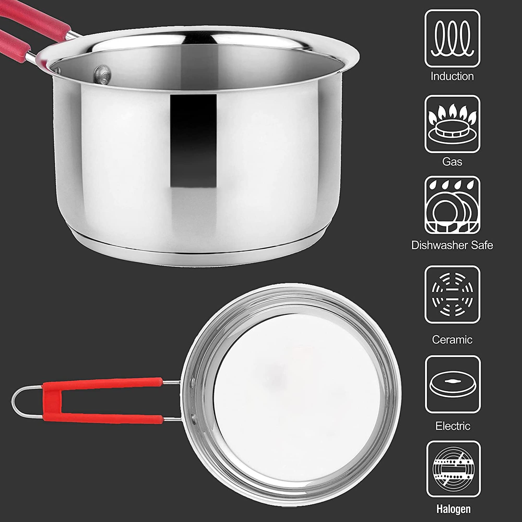 IDEAL PRIME Heavy Gauge Stainless Steel Saucepan Induction Bottom with Tea Strainer & Grater (3 Pices) | Steel Tapeli Milk/Tea Pan Chai Channi Kisni Kishni Kitchen Tools Pack of 3 2