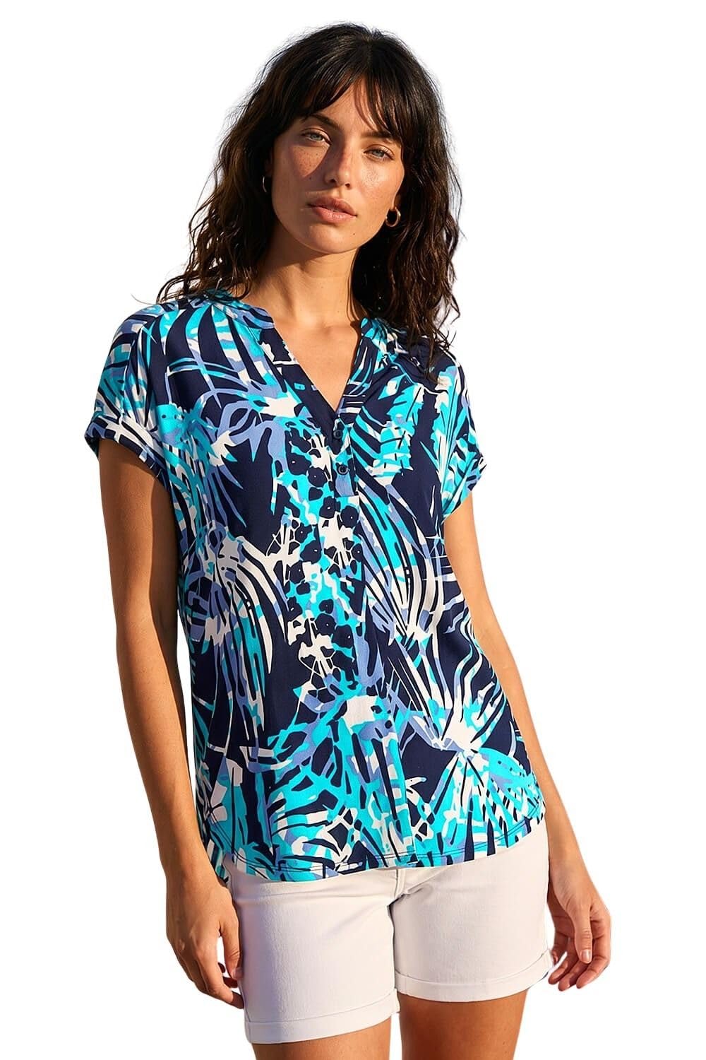 Roman Short Sleeve Shirt for Women UK Ladies Tunic Top Summer Blouse Casual Smat T-Shirt Spring Work Cocktail Party Going Out Special Occassion Holiday V-Neck - Blue Multi - Size 10