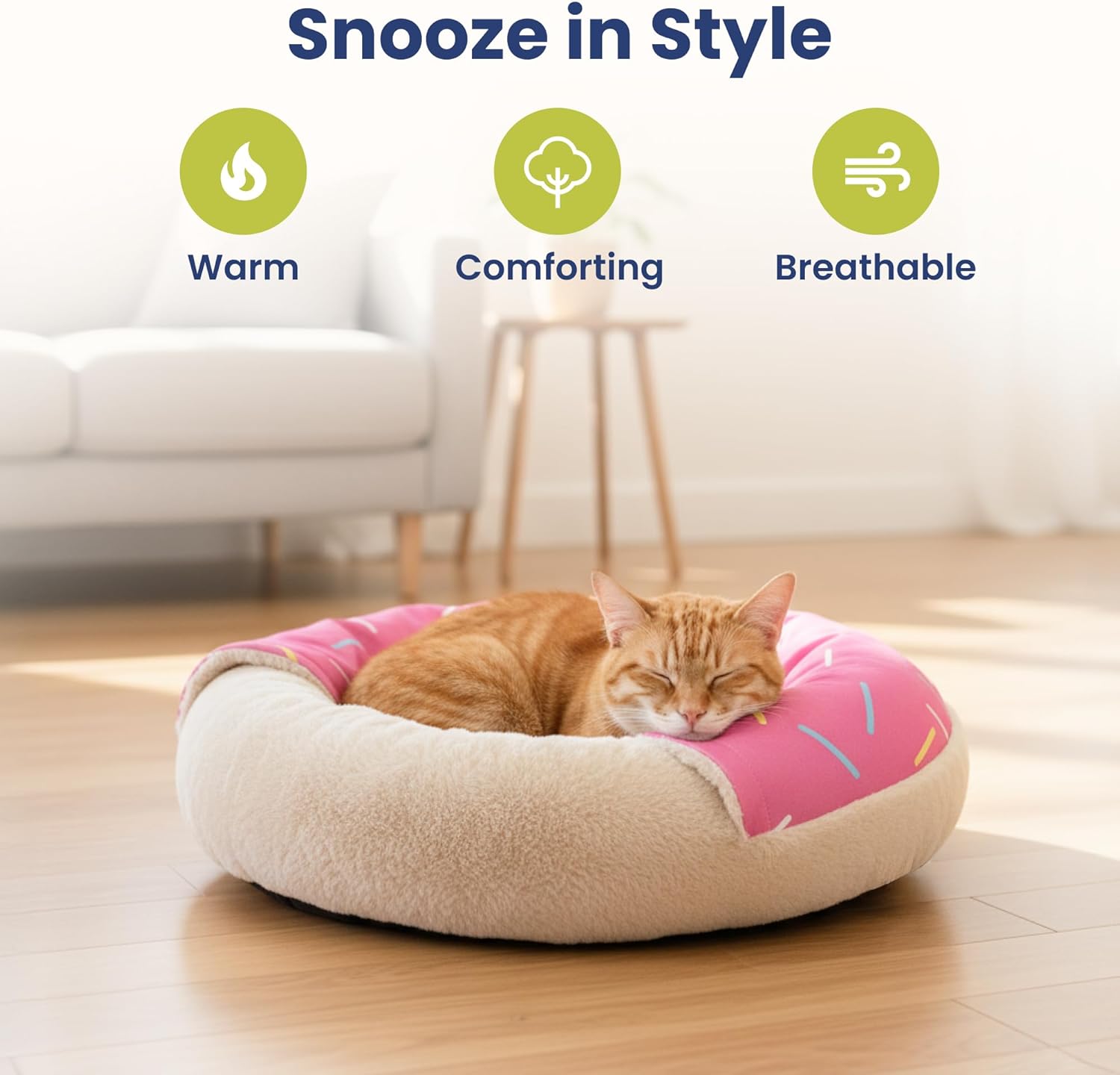 PAWSPIK Donut Plush Cat & Dog Bed – Egg Crate Foam Pet Bed with Faux Rabbit Fur, Calming Bolster Design, Non-Slip Bottom & Removable Cover, Medium (Strawberry)