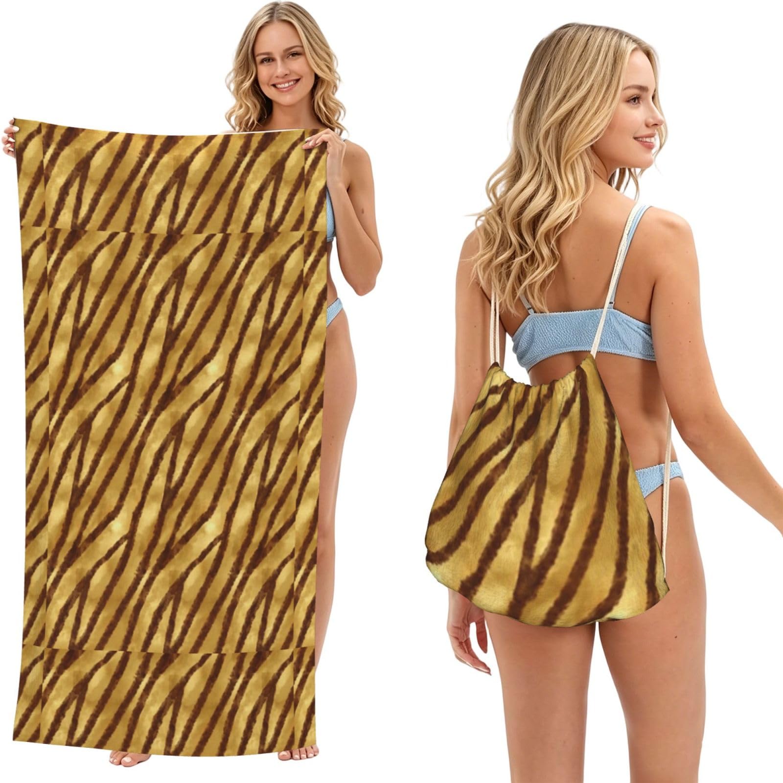 Poadnly As Picture African Animal Skin Stripes Ochre, 2 In 1 Packable Towel Bag, Beach Towels With Drawstring Backpack For Travel Holiday Camping