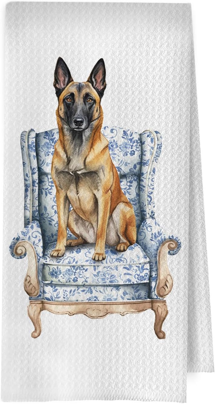 Australian Cattle Grandmillennial Towel - Australian Cattle Chinoiserie Decorative Waffle Dish Towels, Blue and White Hand Towels, Dog Tea Towel for Kitchen, 16x24 Inch