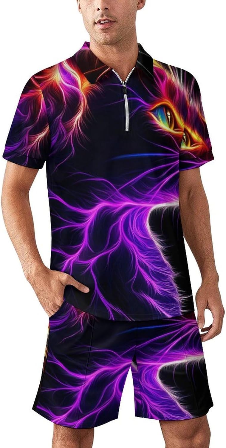 Thunder Cats Print Mens Polo Shirts Track Suits 2 Piece Short Sleeve Sweatsuit 1/4 Zip Golf Loungewear for Sports