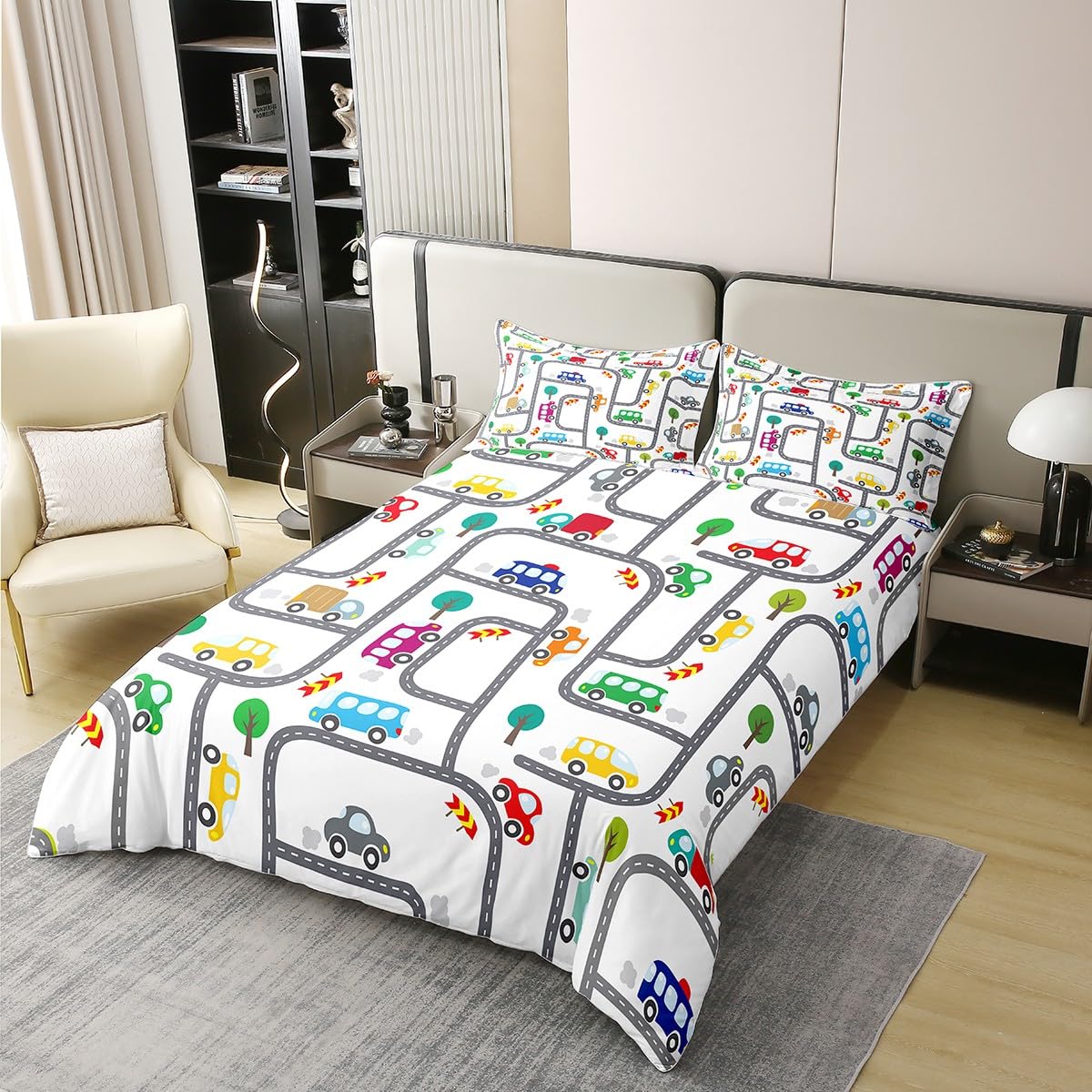 Homemissing Dessin animé Voiture Parure de lit Coton Ensemble de Housse de Couette Centre - Ville pour Enfants 100% Coton Housse de Couette 220x240cm scène Cowboy Literie Moderne Blanc literie