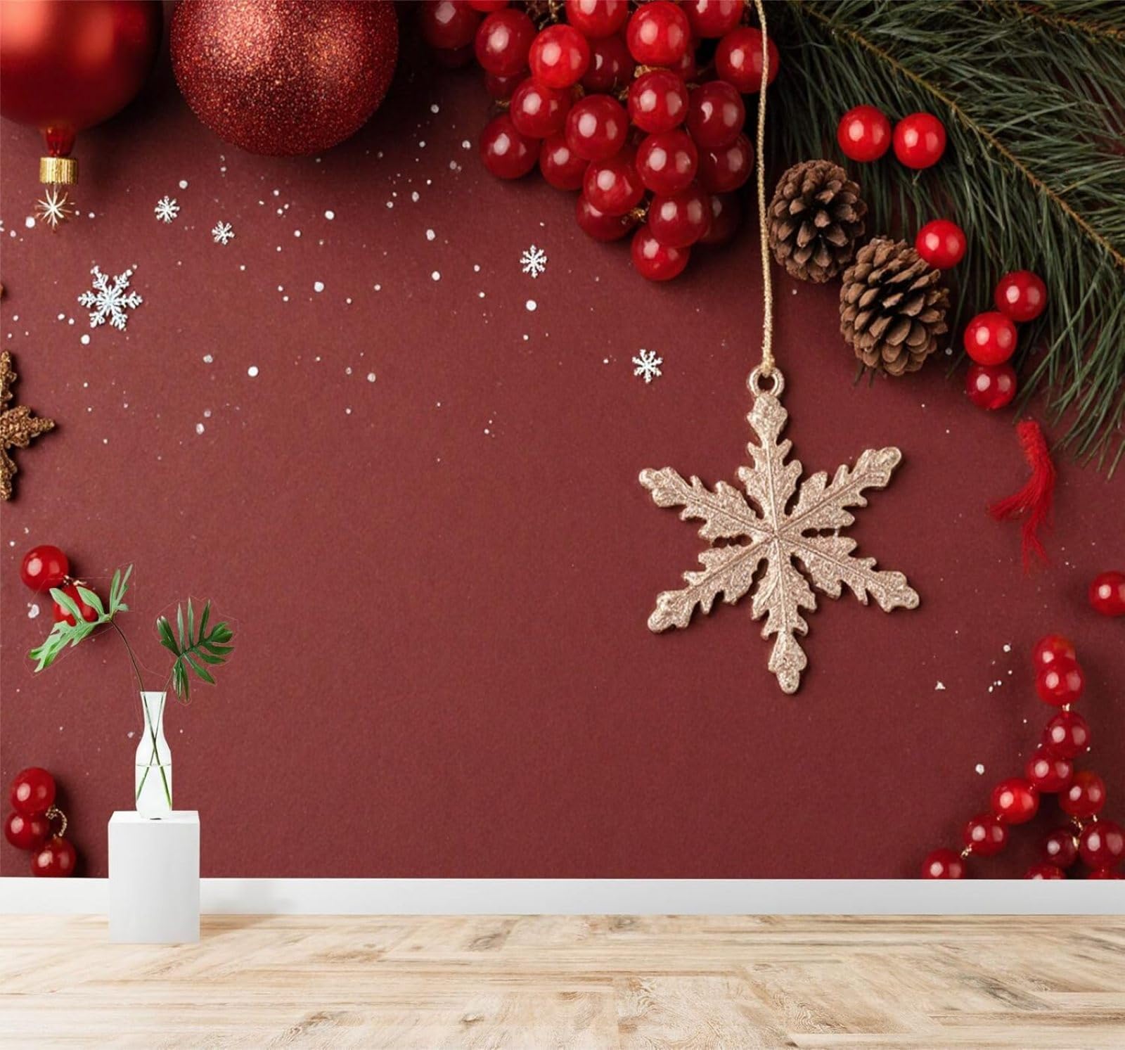 Xlming 350Cm×256Cm(B×H) Creative Red Snowflakes Red Berries Pine Cones Glitter Decorations 3D Wallpaper Silky Texture Home Study Office Grey Dining Room Sofa Bedroom Living Room Tv Backdrop-350Cm×256Cm