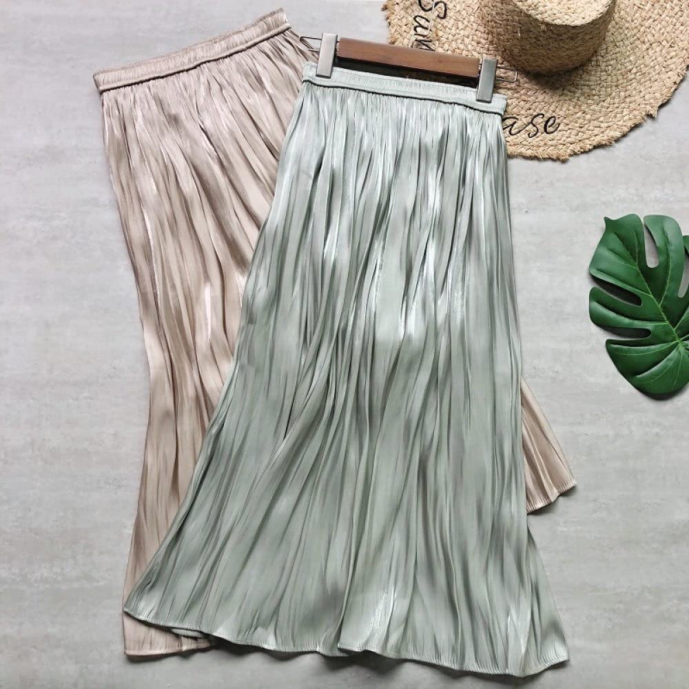 Gonne Da Donna,Gonna Midi In Raso Da Donna Gonna A Pieghe Increspata Lucida Verde Salvia Elegante Linea Ad A Scintillante Grande Altalena Tinta Unita Increspato Gonne Lunghe Per Ragazze Donna Primav