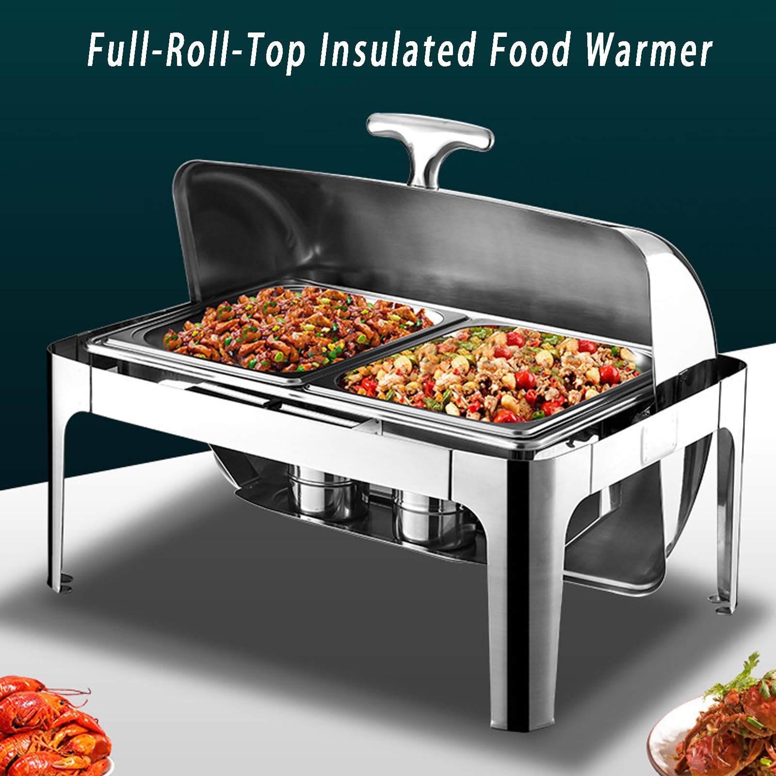 Paquete de Platos de 9 L para bufé, Catering, Calentador de Alimentos | sartén fría y caliente con soporte para tapa, juego de platos de cena de acero inoxidable grueso, servidor de buffet