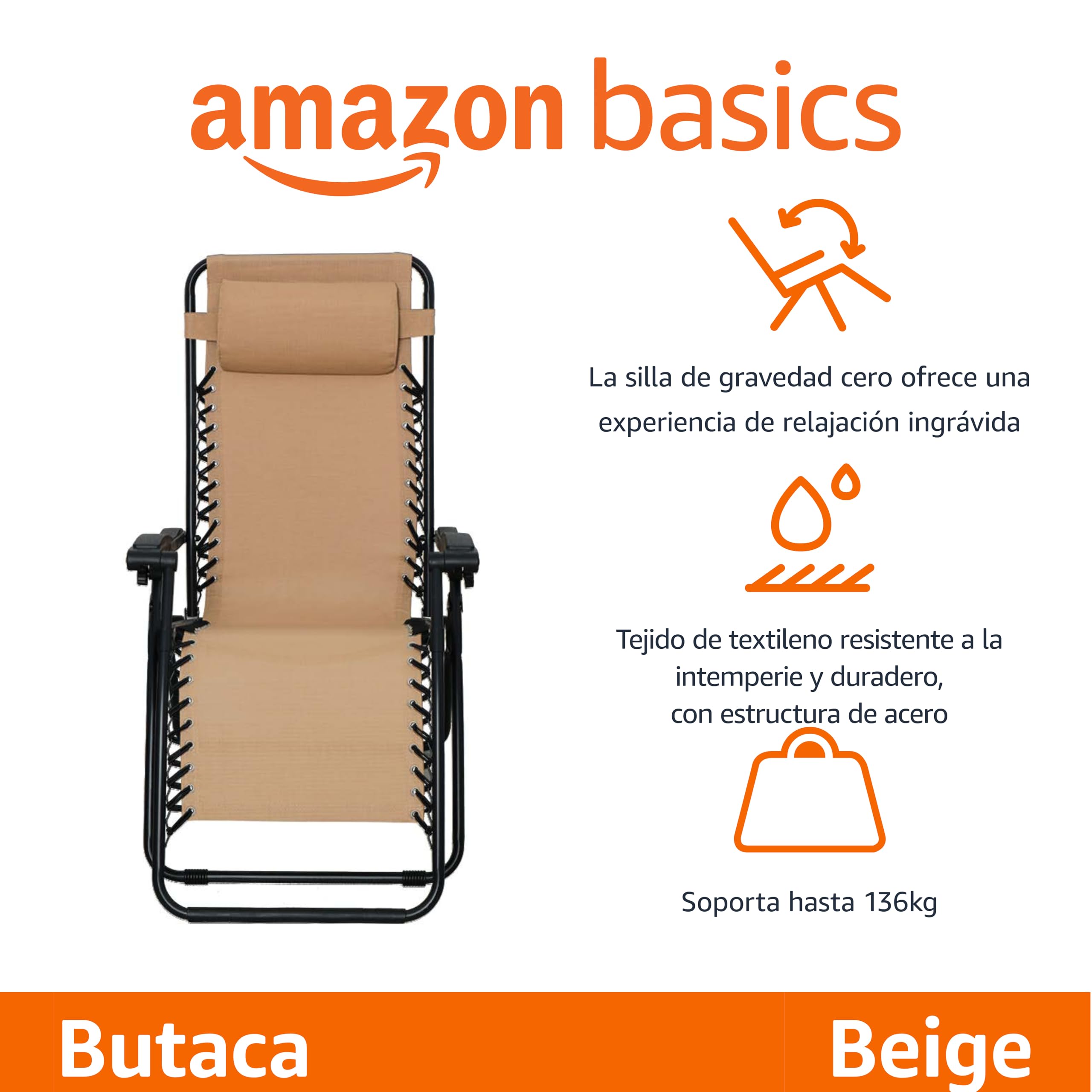 Amazon Basics Silla Gravedad Cero, 66 cm, Beige