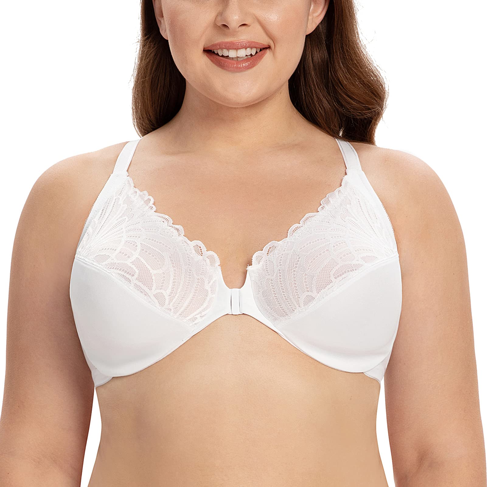 CASOLACE Women's Front Closure Lace Plus Size Underwired Unlined Racerback Bra White 46C