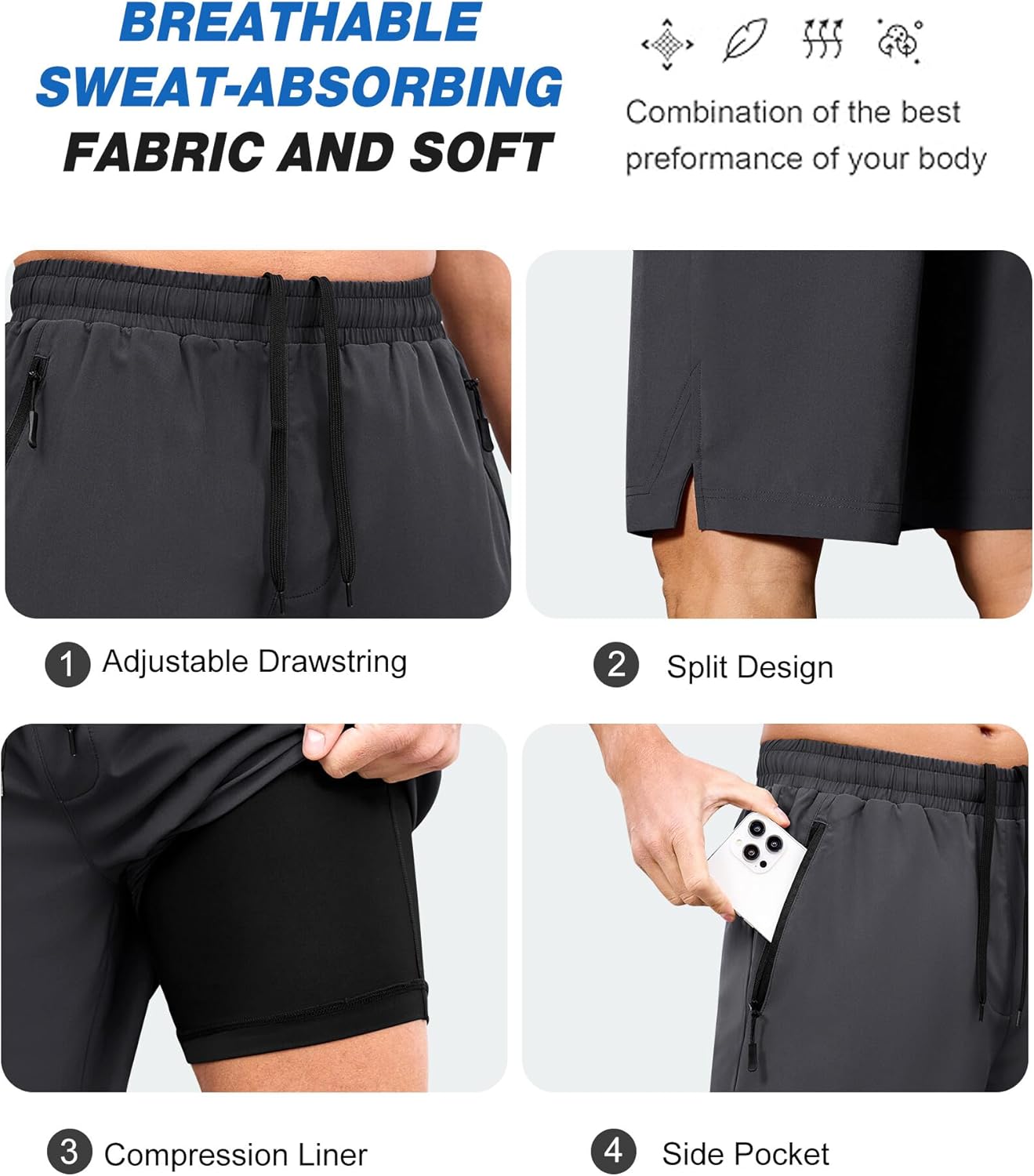 SILKWORLD Running Shorts for Men Quick Dry 9 Inch Basketball Athletic Shorts 2 in 1 Gym Workout Shorts with Pockets