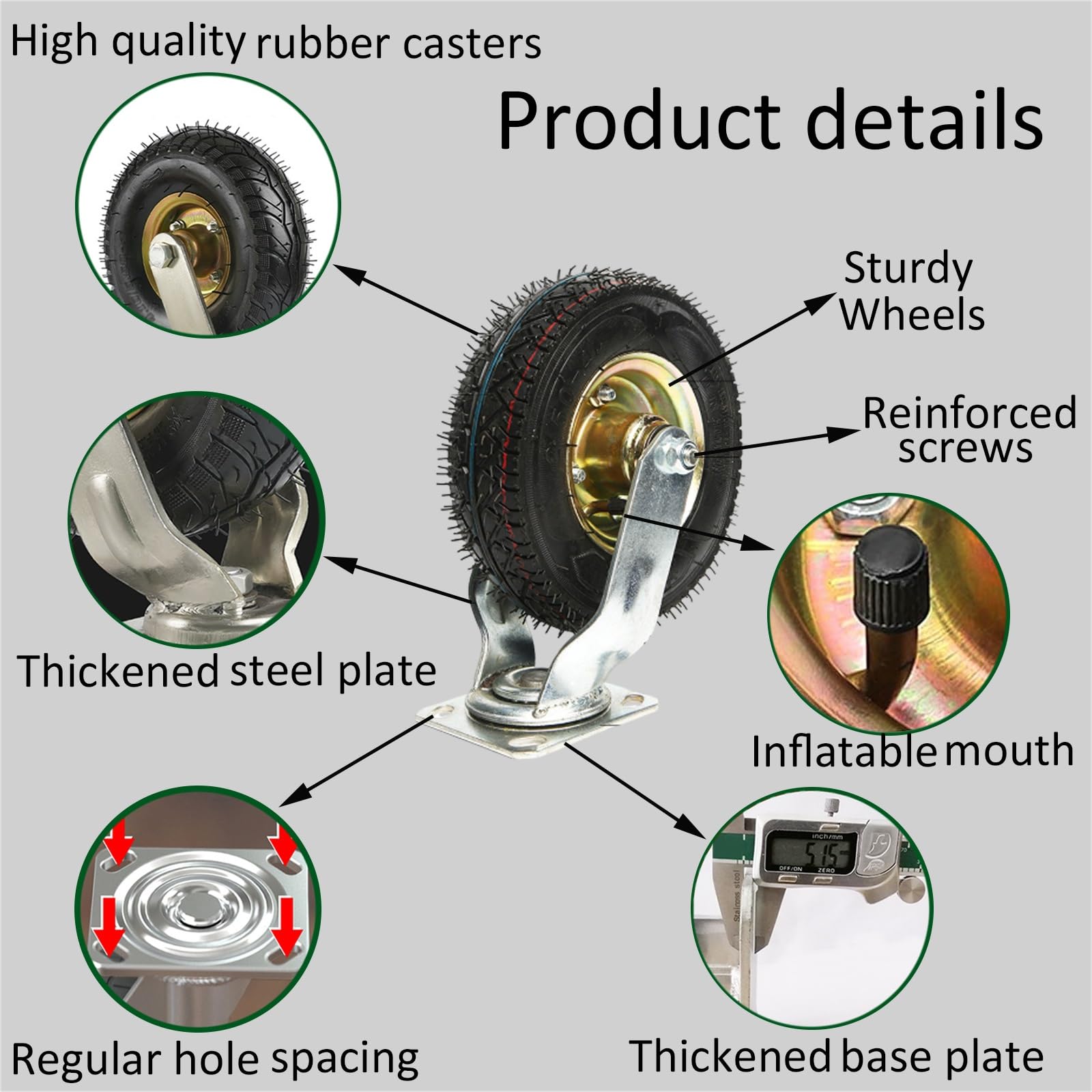 2pcs Heavy Duty Caster, Swivel Caster Wheel Shock Absorption 300KG Load Capacity Air Filled Toolbox Replacement Casters, For Hand Truck/Garden Utility