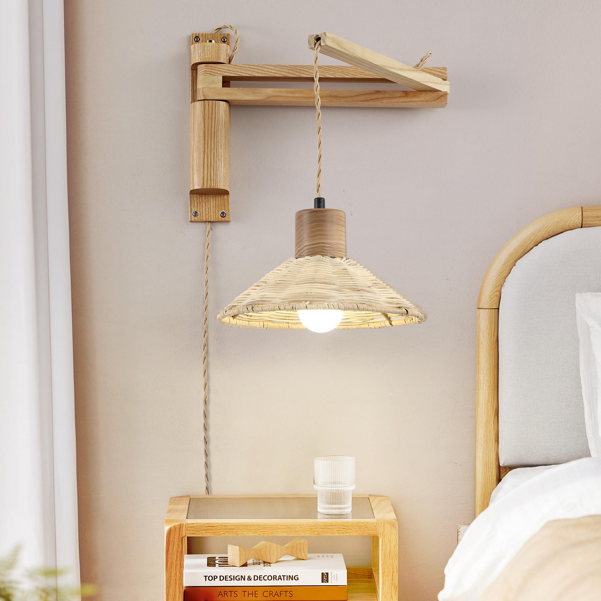 Wood Plug in Wall Sconces, Swing Arm Wall Lamp with Dimmable On Off Switch, Vintage Wall Mounted Light Fixture with Cord for Bedroom Nightstand
