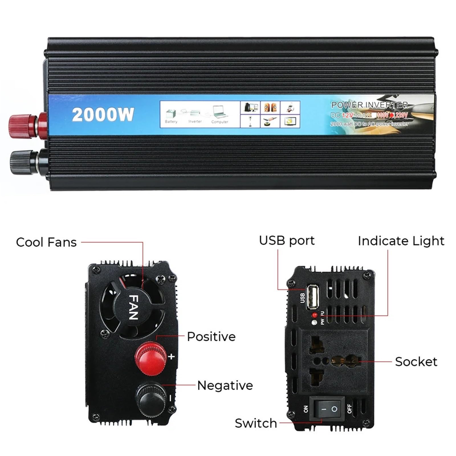 Inwertery, Modyfikowany falownik sinusoidalny 1000 W 2000 W Przetwornica napięcia samochodowego z ładowarką USB DC na AC(2000W)
