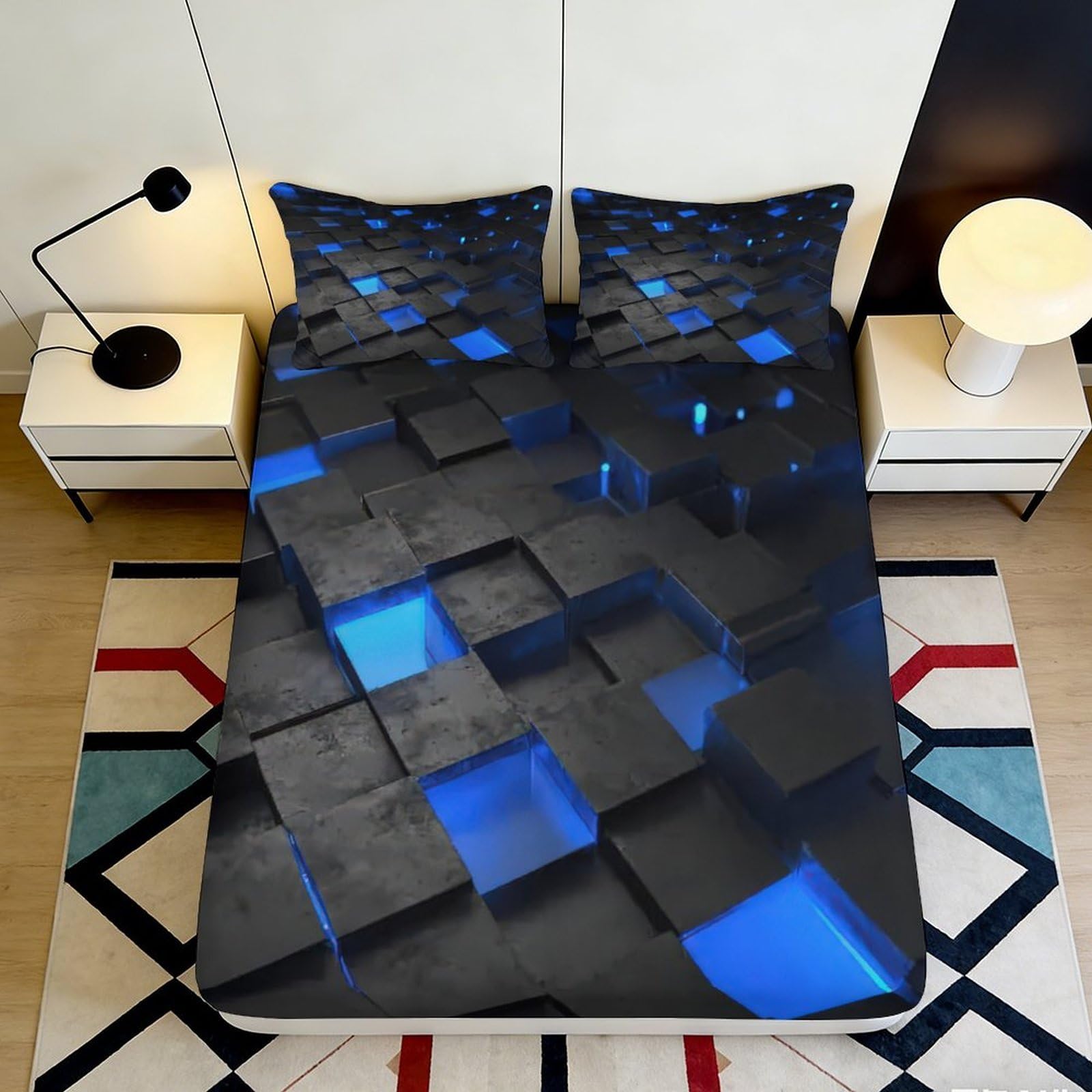 3D Printed Blue Geometric Cube Fitted Sheet Microfiber Soft Mattress Cover for Bedroom Dorm Black Modern Decor 160x200x25cm