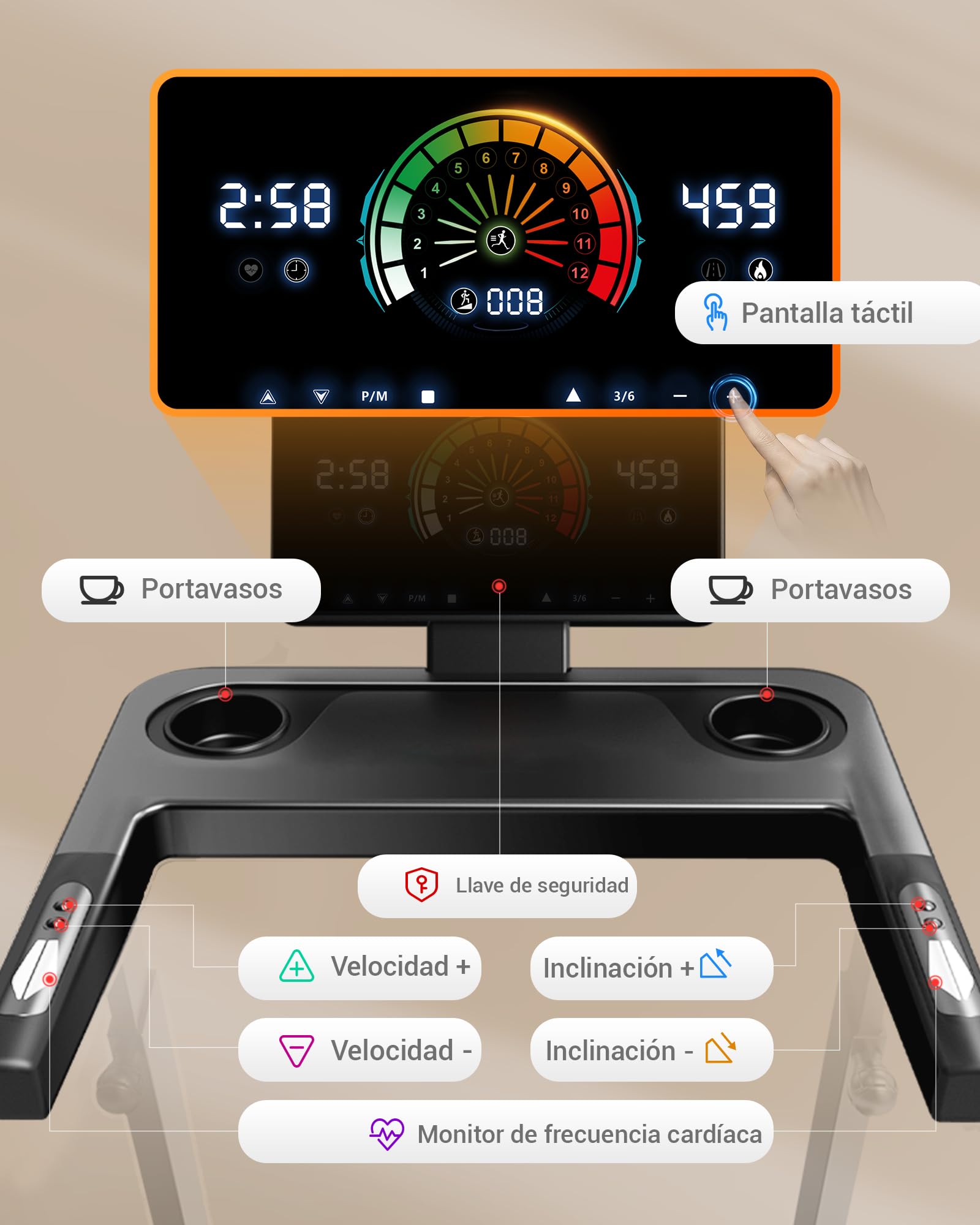 CURSOR Cinta de Correr Plegable con Inclinación Automática 20%, 14 KM/H Caminadora Eléctrica con Consola Ajustable en 4 Niveles, 3,5 CV Cinta de Andar con Pantalla LED, 180KG