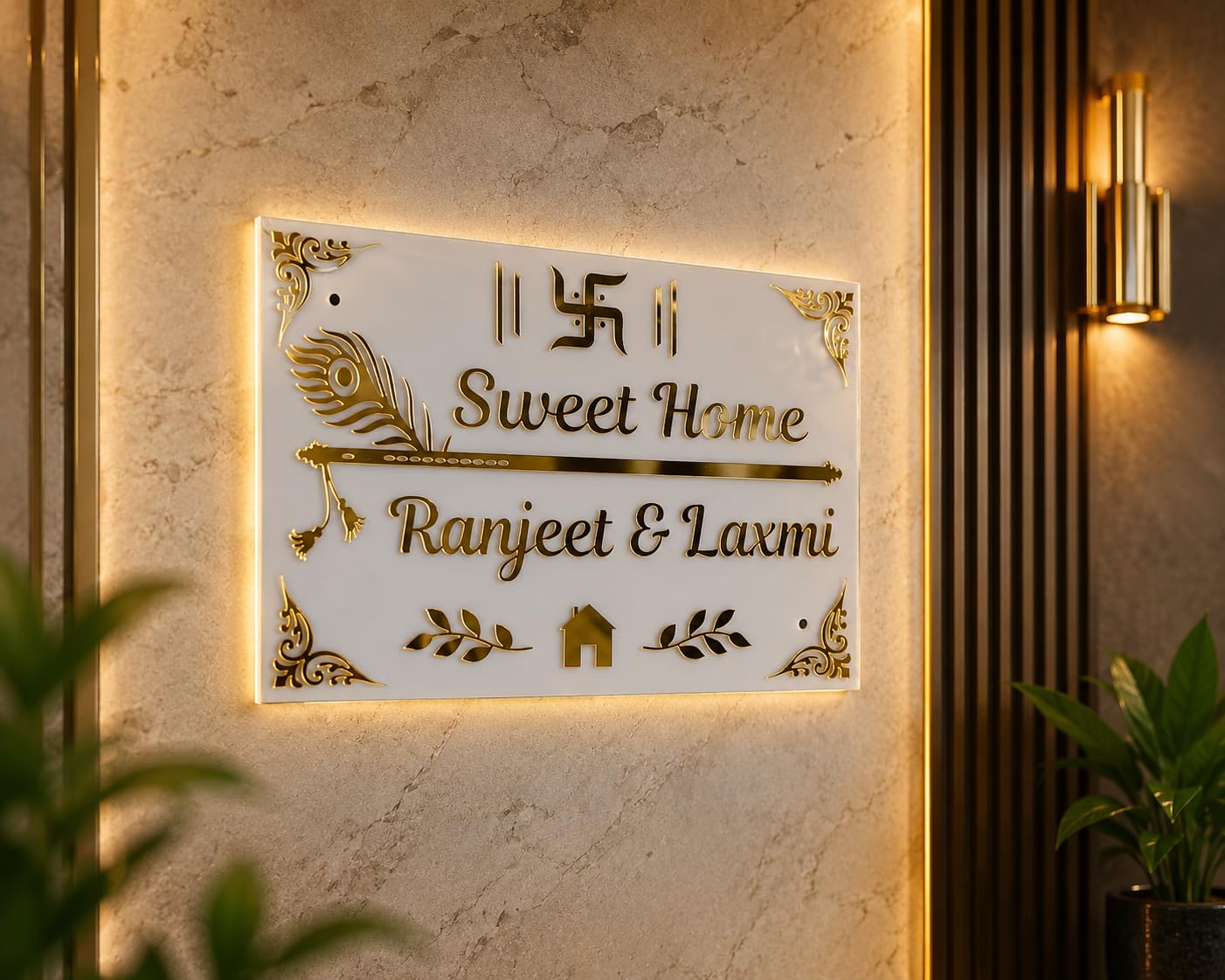 Customized Acrylic Name Plate for Home | White & Gold Krishna Flute Design | Personalized Family Name Board-image-11