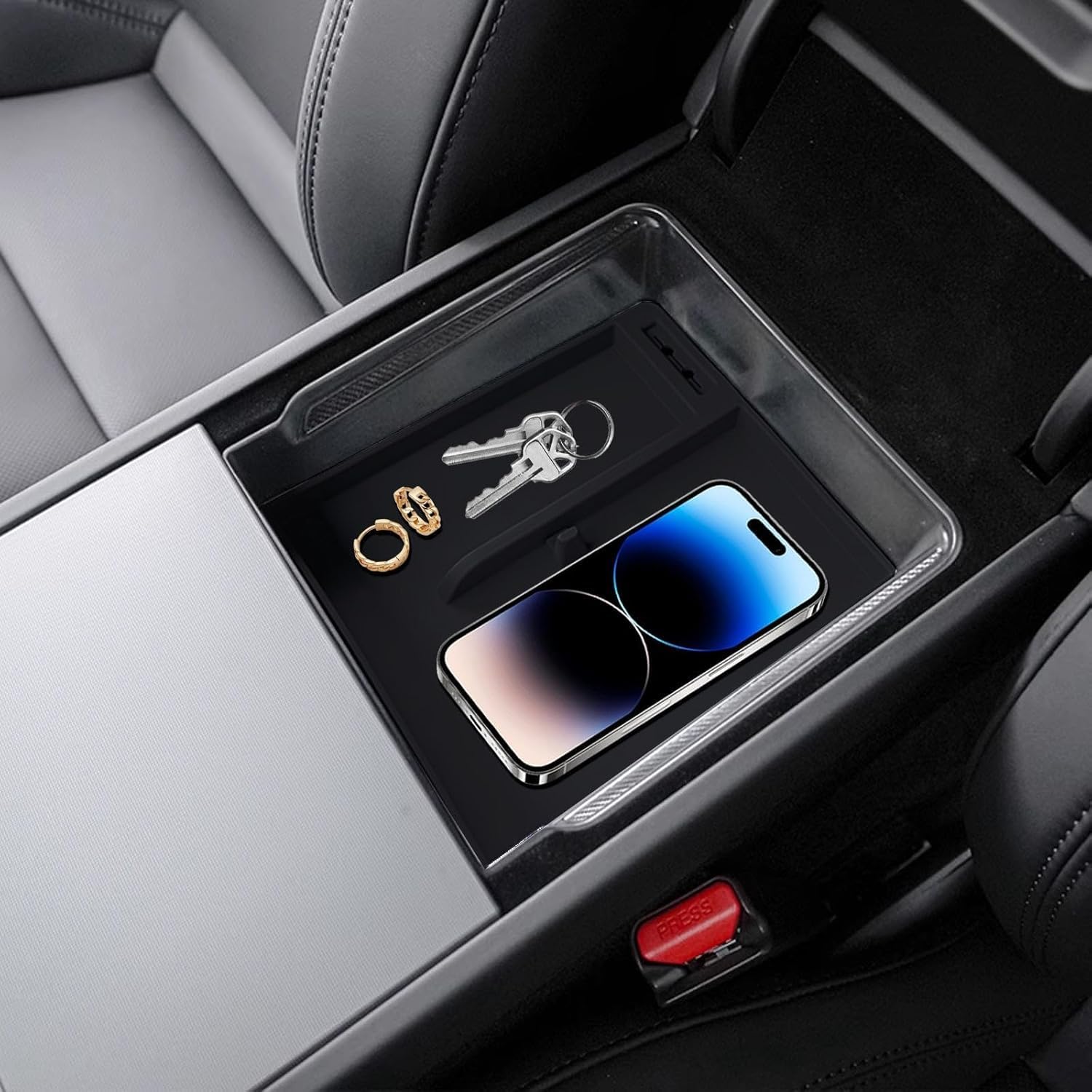 Tessio 2PCS Center Console and Armrest Organizer for Tesla Model 3 Highland 2024 2025 2026, Model Y Juniper 2025 2026, PC and Silicone, Matte Black, Tool-Free Install