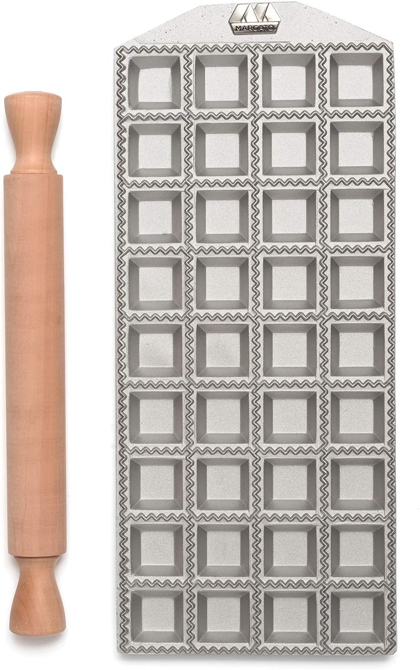 MarcatoRavioli Maker Press, Ravioli Machine, Homemade Ravioli Cutter, 35 mm Square Cut, Space for Generous Filling, Wooden Rolling Pin Included, Made in Italy
