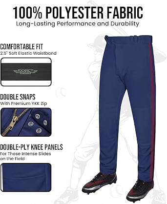 Exxact Sports Proline Full Length Baseball Pants with Stripes | Relaxed Fit Baseball Uniform Pants with Open Bottom, Youth & Adult Sizes