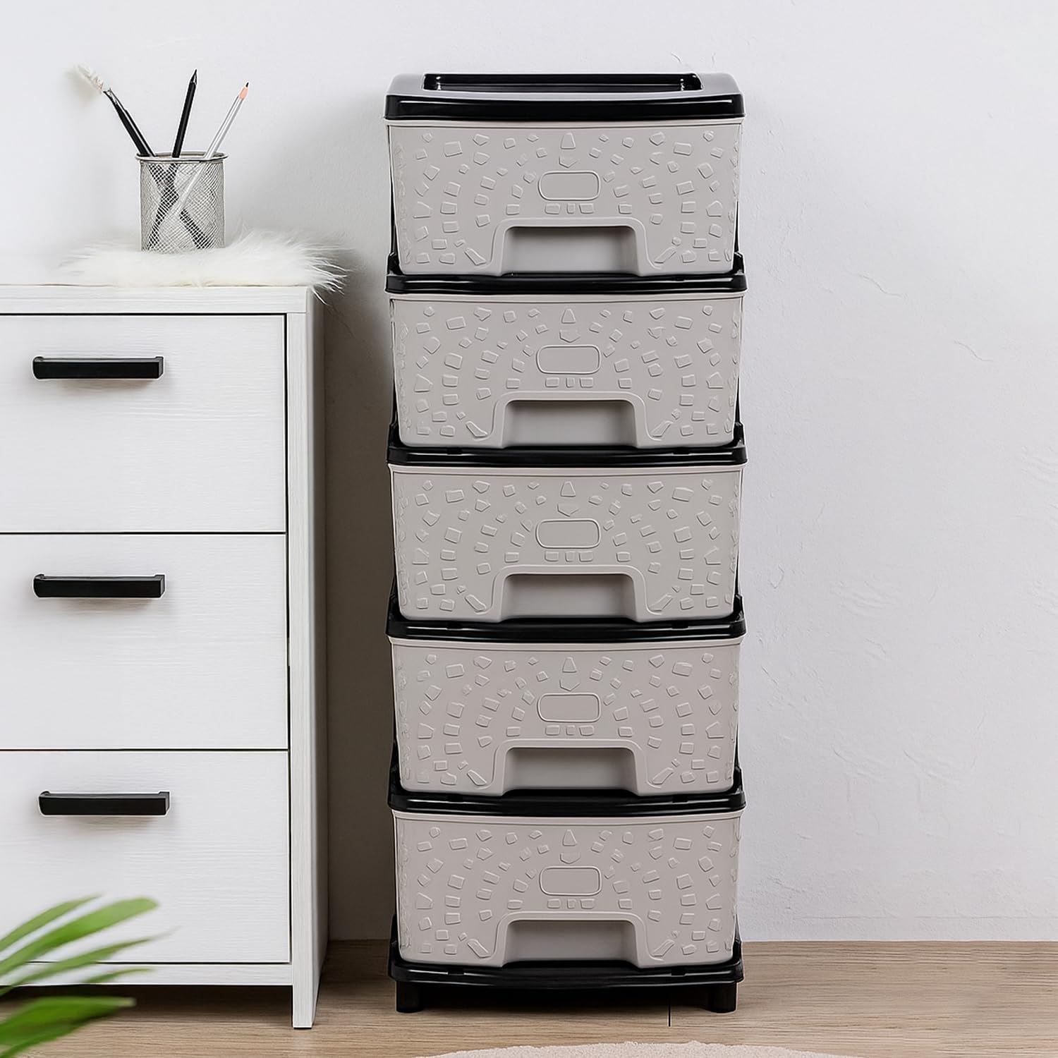 Amazon Basics Plastic 5 Rack Multipurpose Modular Drawer Storage Rack | Kitchen & Home Essentials Organizer Storage Box Cabinet | Almira Set for Stationary Cosmetic |Black & Grey 36D x 30W x 77H cms