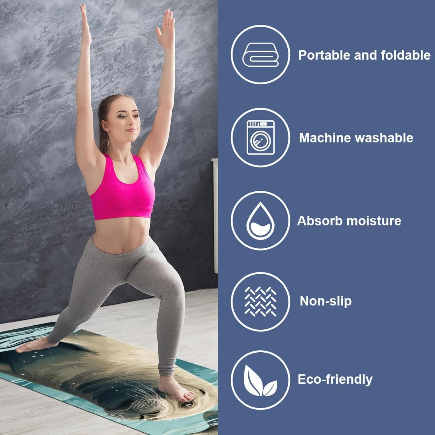 Yoga Towel, Sea Lion Pattern Non Slip Sweat Absorbent Hot Yoga Mat Towel for Hot Yoga, Pilates and Fitness - 72.8" x 26.8"