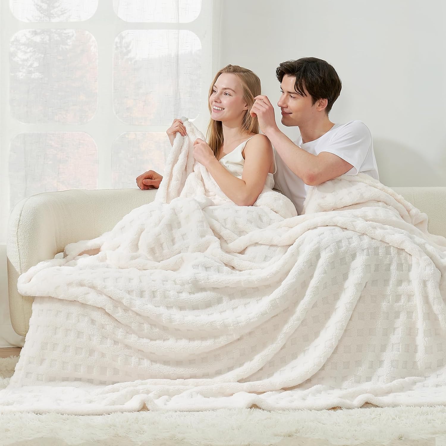 Cozy Bliss Ultra Soft Waffle Blanket - Lightweight Cozy Blankets Gift for Women,Cute Checkered Throws Blanket for Bed, Couch and Sofa,Ivory,66x90 Inches