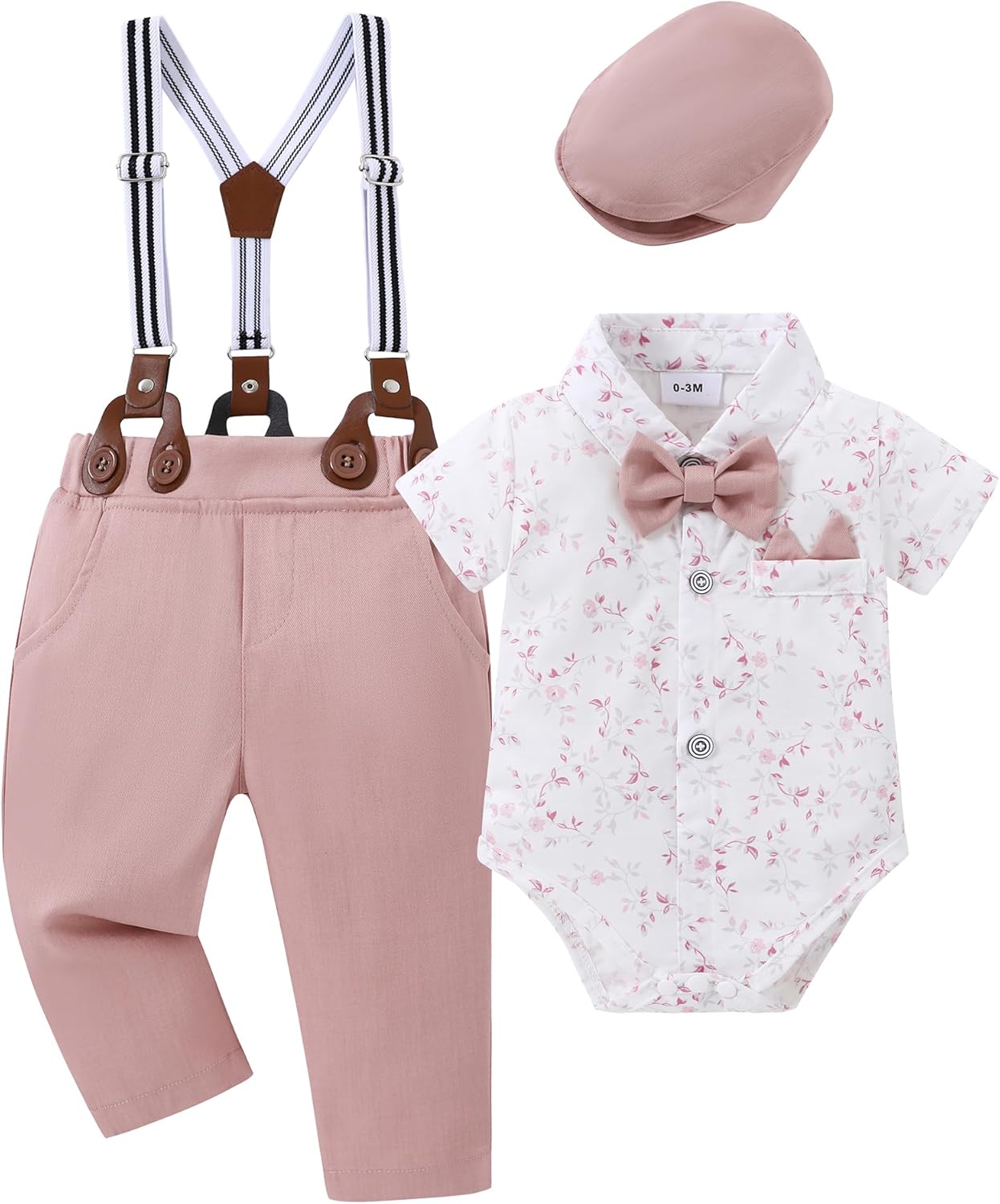 YALLET Baby Boy Clothes Suit Newborn Infant Gentleman Outfits, Formal Dress Shirt+ Bowtie+ Suspender Pants Wedding Party Set