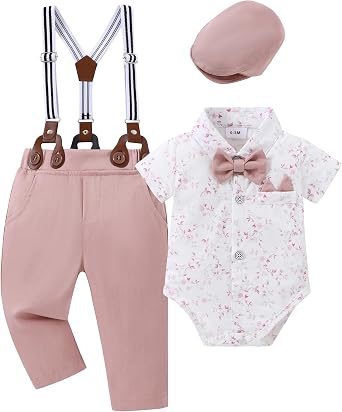 YALLET Baby Boy Clothes Suit Newborn Infant Gentleman Outfit 0-24M 4Pcs Set | Cotton Blend, Short Sleeve Formal Dress Shirt +Beret Hat +Suspender +Pants +Bowtie, Button, 0-33-66-1212-1818-24 Months