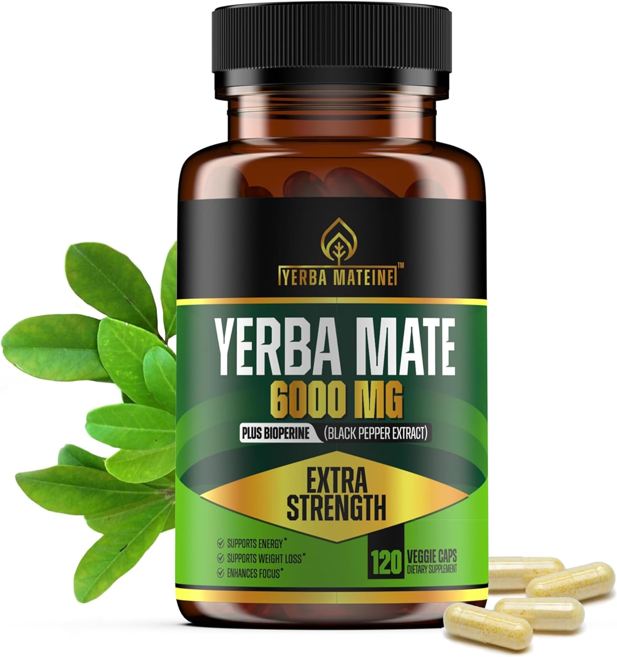 Extra Strength Yerba Mate High Potency, 60mg Caffeine Per Capsule, Extract Pills Supplements for Clean Natural Energy, Made in USA - 120 Caps