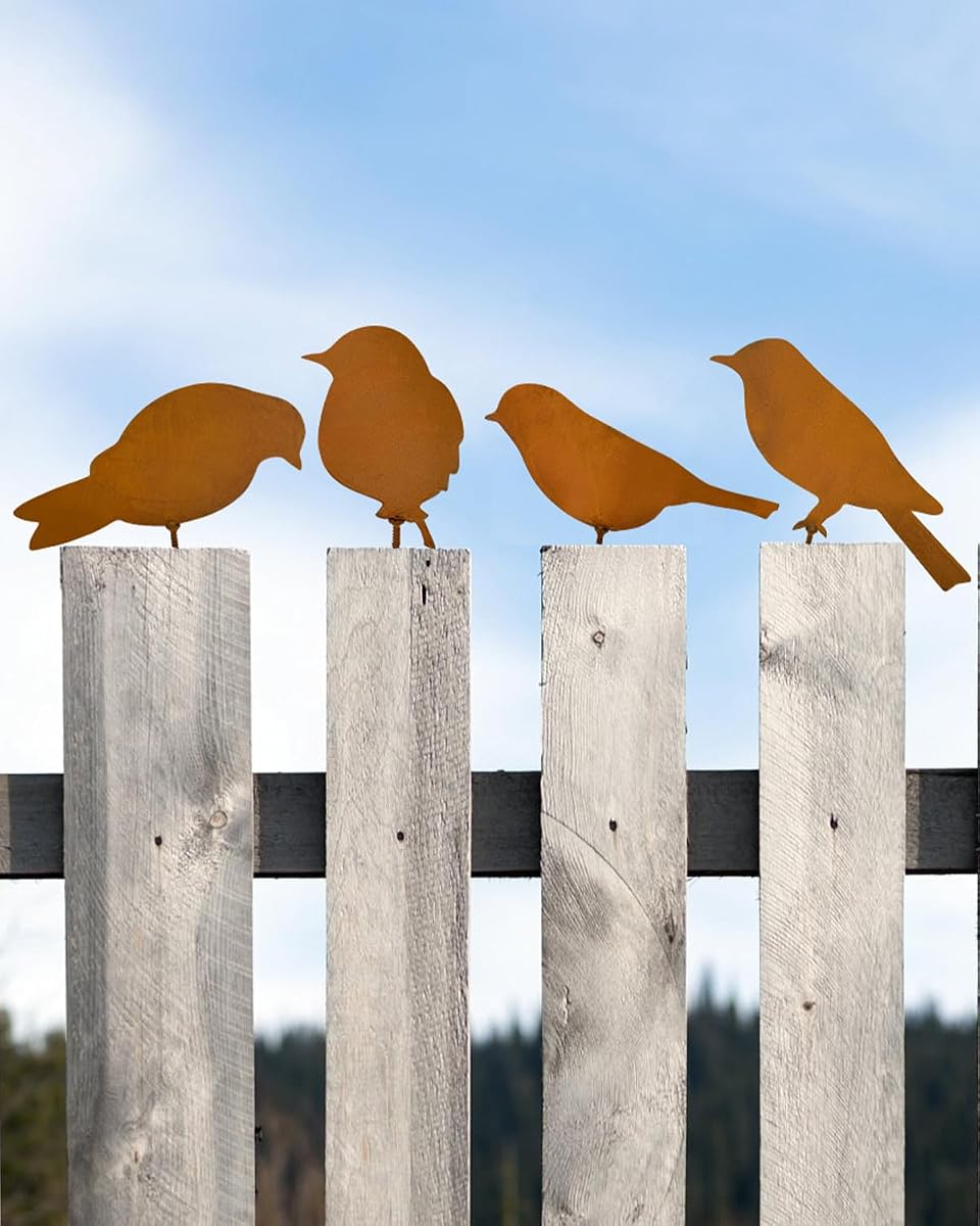 4 Pcs Rusty Metal Birds, Lifelike Patina Bird Decoration | Garden Sculptures and Yard Art, Silhouette Decor, Fence Decorations Outdoor