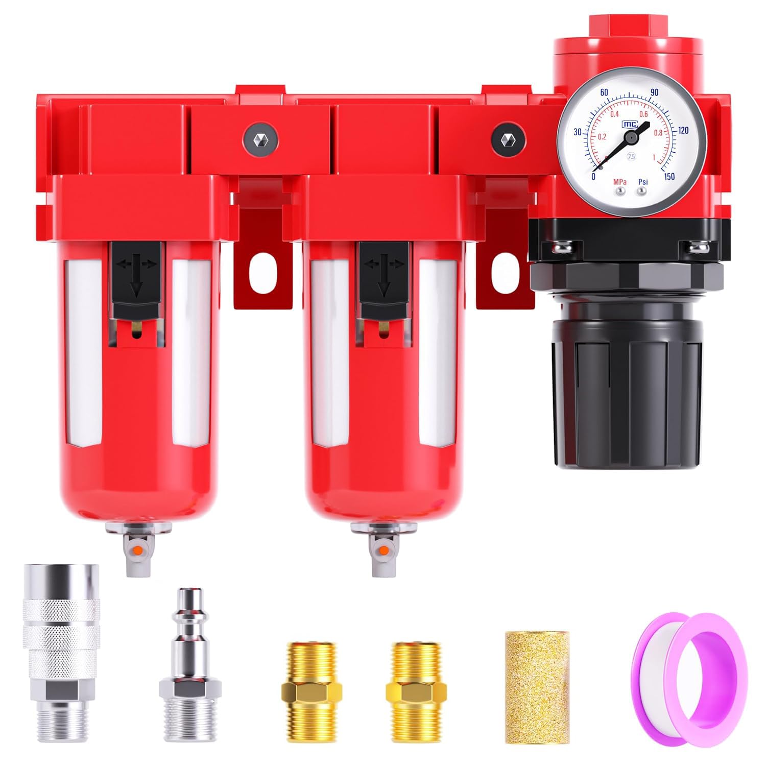 TAILONZ PNEUMATIC 3/4 di pollice NPT 150PSI 3 in 1 regolatore di pressione del filtro dell'aria Combo Piggyback, filtro compressore utensile aria, elemento filtrante 5 micron (drenaggio manuale)