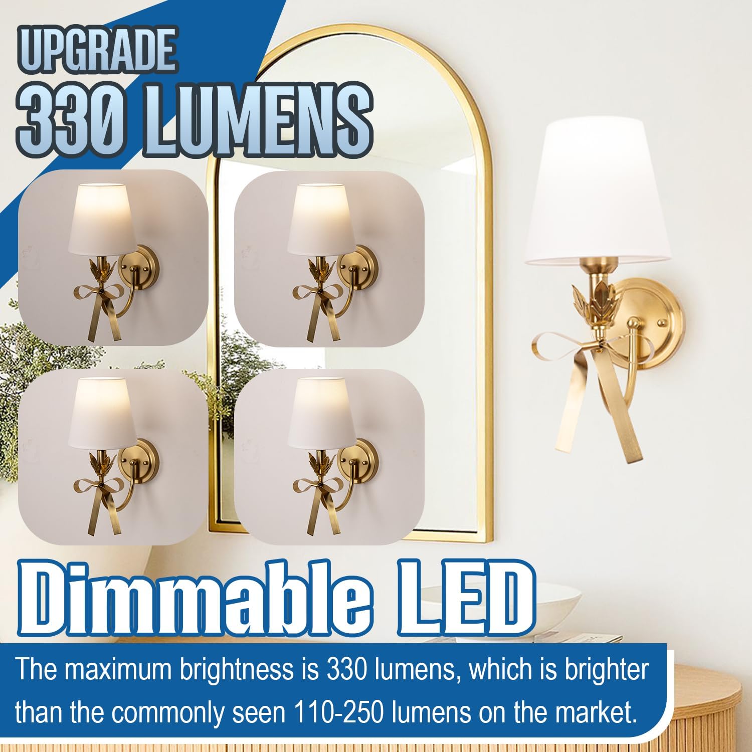 Adust Battery Operated Wall Sconce Set of Two, Antique Brass Bow Wall Sconces Remote Control Dimmable Rechargeable LED Light Bulb, 3 Color Temps LED for Bedroom Living Room Decor