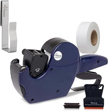 Perco Pro 2-Line Price Gun | 2-Line 16-Characters Price Labeler Gun Pre-Loaded with 750 Blank White Labels and an Ink Roll - Also Includes a Label Scraper Bundled with Perco Labeler Gun Clip
