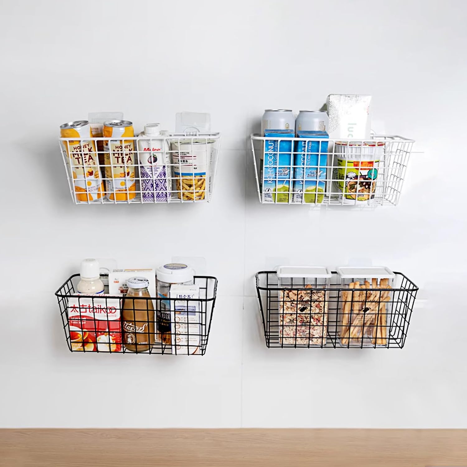 ABuff 6 Pack Metal Wire Storage Baskets Wall Mounted Hanging Wall Basket with Traceless Tape, Hanging Kitchen Organizer Basket for Cabinet Storage, Kitchen, Bathroom, Storage Room, No Drilling, Black