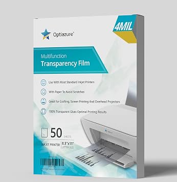 Optiazure Transparency Film, Overhead Projector Film for Inkjet Printer, Acetate Sheets for Crafts, Letter Size 50Pack Sheets