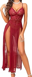 Women Lingerie Dress Long Lace Babydoll Chemise Side Split Night Gowns V Neck Mesh Nightdress
