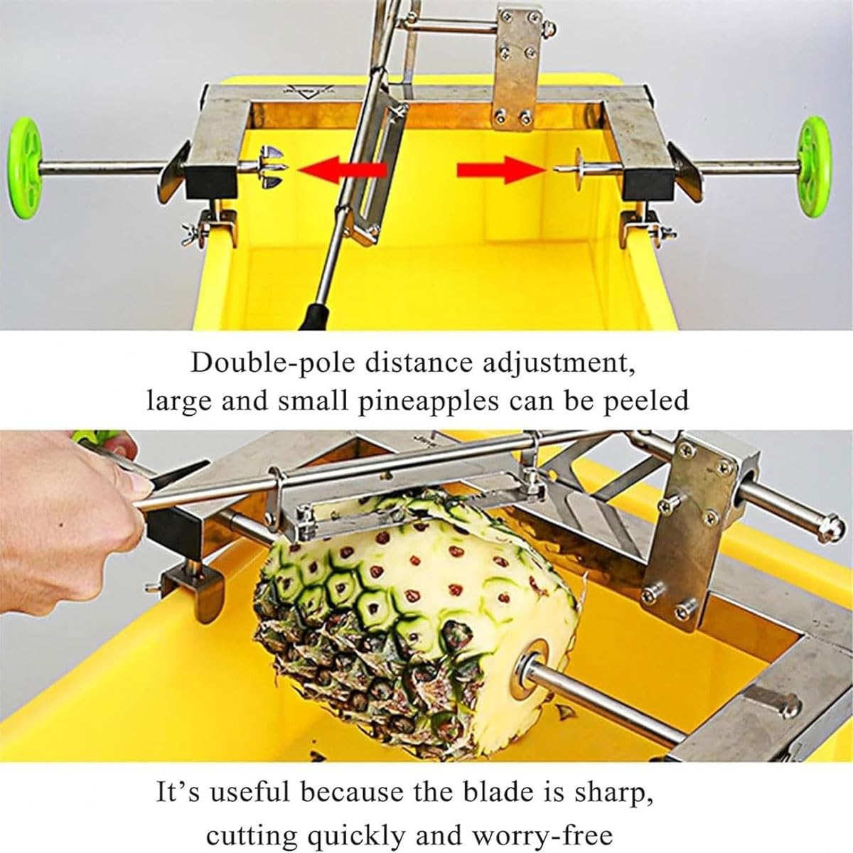 Sbucciatore per ananas, strumento manuale per affettare la frutta con supporto regolabile e telaio in gomma, doppie aste per supermercati e bancarelle alimentari, attrezzatura per la lavorazione
