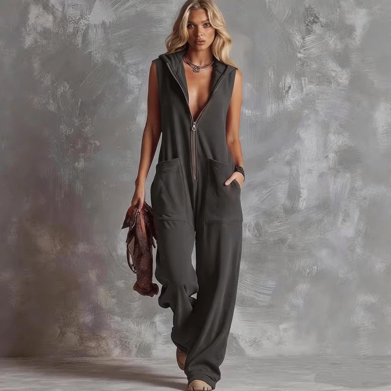 Jumpsuit Damen Sommer Lang Jogginganzug mit Kapuze Overall mit Reißverschluss Einteiler Elegant Leicht Freizeitanzug V Ausschnitt Romper Ärmellos Baggy Playsuit Sport Onesie Frauen Weites Bein