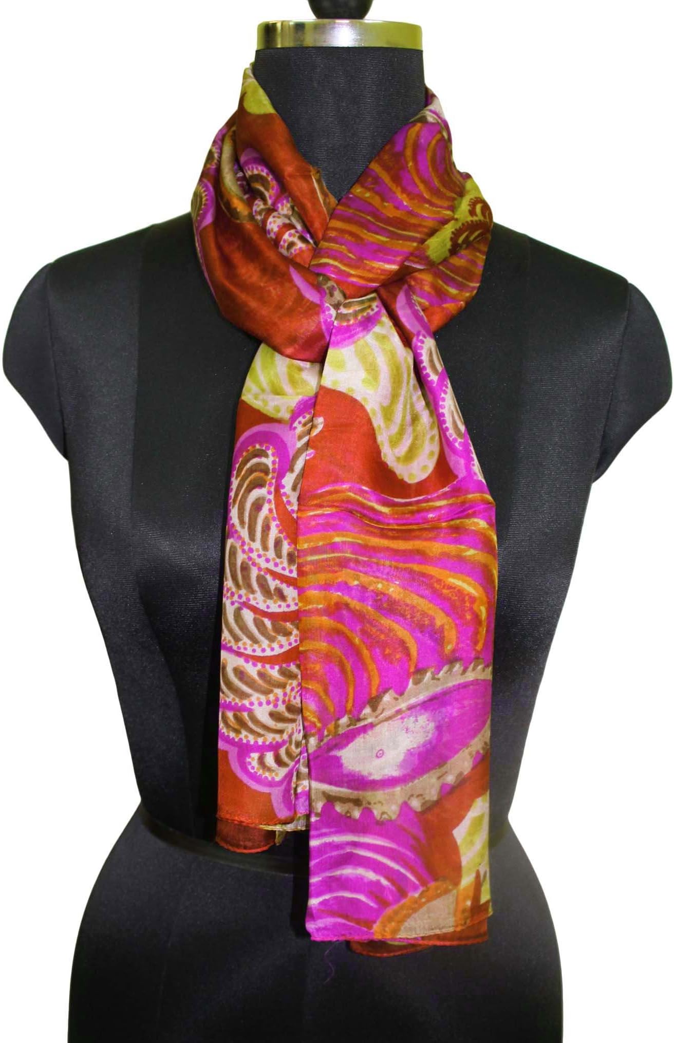 Indian Long Scarf 100% Pure Silk Soft Scarves Floral Printed Fabric Pink Women’s Fashionable Summer Muffler Dress 72” x 20” Head Hijab