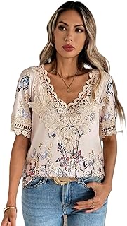 بلوزة نسائية تي شيرت بأكمام قصيرة وياقة جبير طباعة زهور علي شكل H