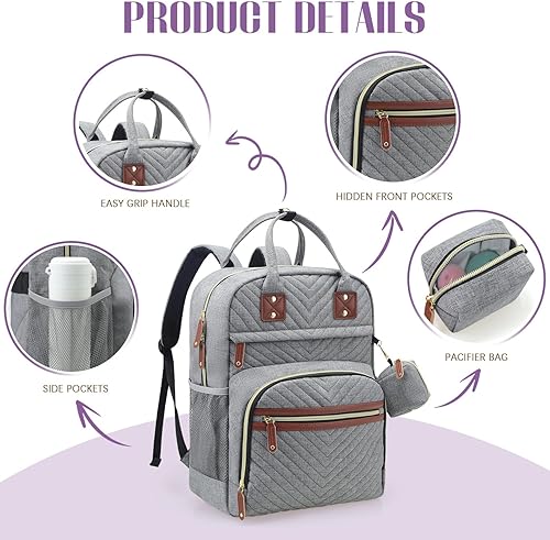Miniatura 4 de Tuwubi Mochila para pañales, esenciales para bebés, mochila impermeable multifunción con correas para cochecito y estuche para chupete, Gris,