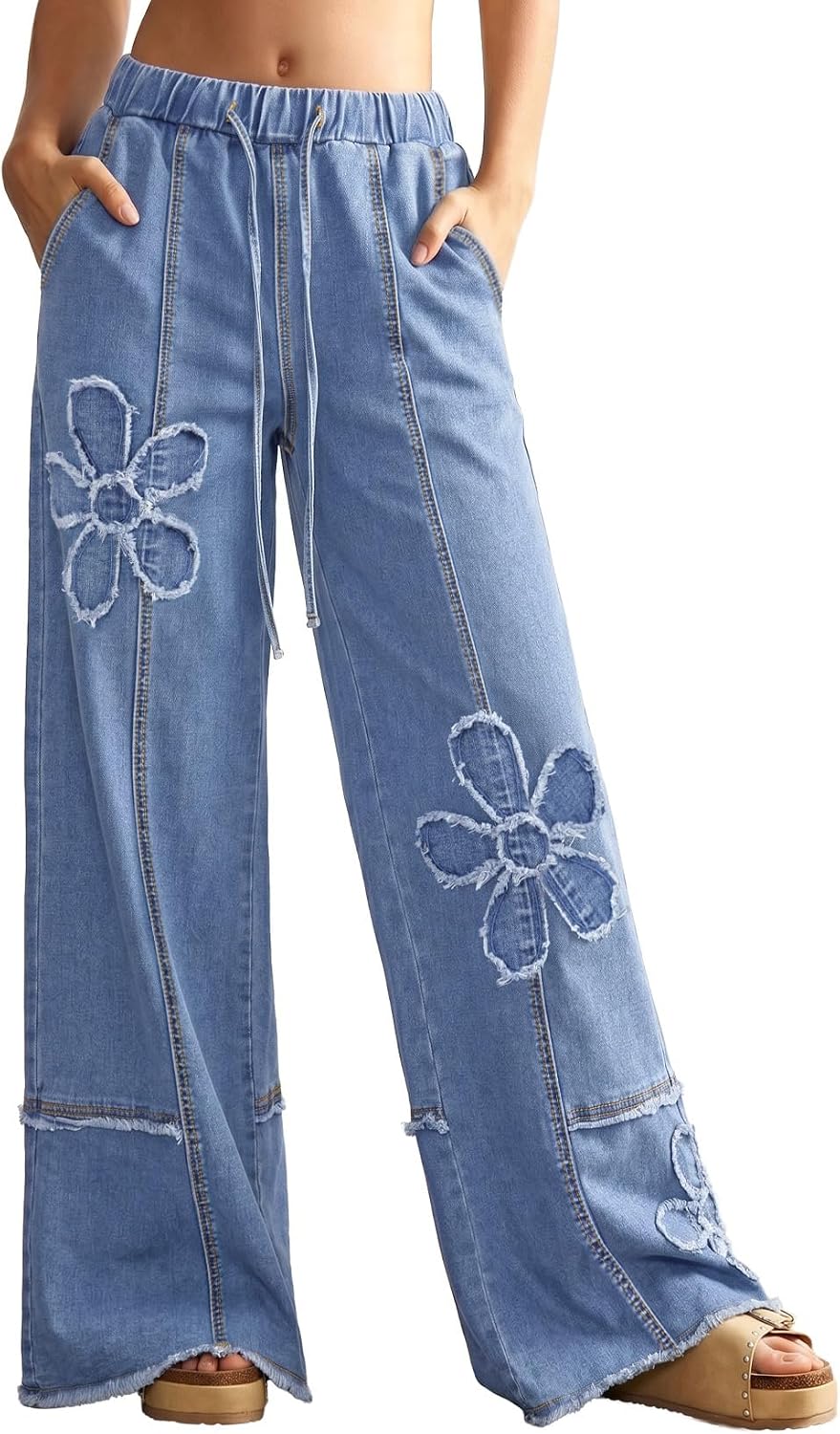 Sidefeel Women's Y2K Floral Wide Leg Elastic High Waisted Baggy Jeans