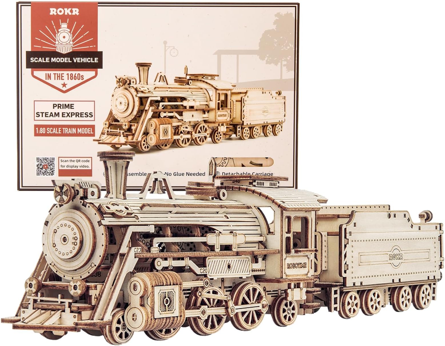 ROKR 3D Wooden Puzzle for Adults Mechanical Car Model-DIY Building Vehicle Kits-Brain Teaser Toys-Gift for Men Women on Birthday/Christmas Day (Steam Train Model with Carriage)