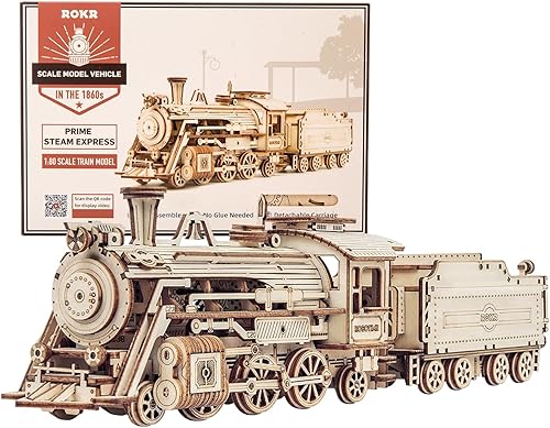 ROKR 3D Wooden Puzzle for Adults Mechanical Car Model-DIY Building Vehicle Kits-Brain Teaser Toys-Gift for Men Women on Birthday/Christmas Day (Steam Train Model with Carriage)