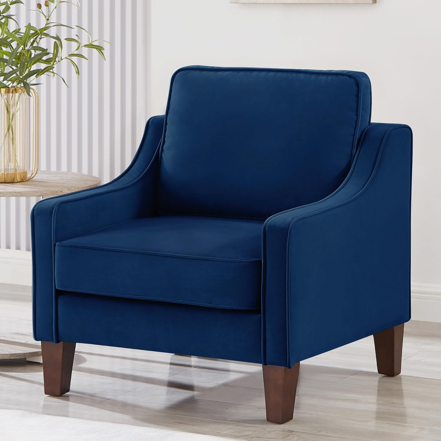 Setawix Velvet Upholstered Accent Chair with Arms,Mid Century Modern Arm Chairs for Bedroom,Office,Armed Living Room Side Chairs,Swoop Arm Single Sofa Chair with Solid Wood Legs (Navy Blue)