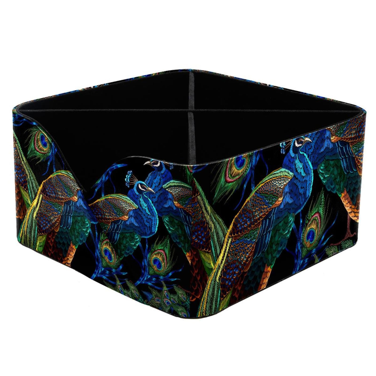 KengjuTesu Classical Embroidery Peacocks Pattern Desktop Organizer Pen Holder, Rectangular Pencil Cup for Office, Study and Makeup Stations