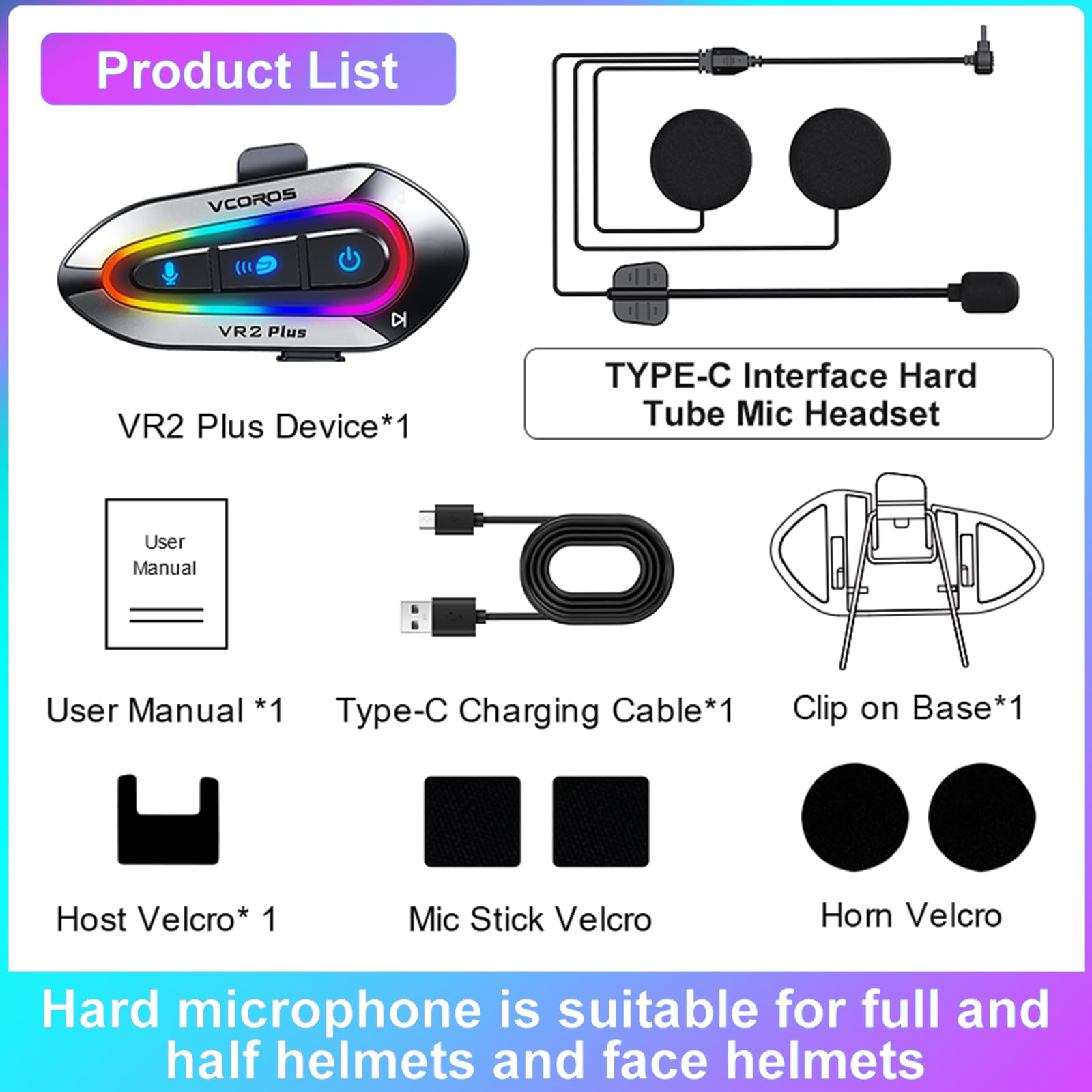 VCOROS Interfono Moto VR2 Plus,Interfono Casco Sistema di Comunicazione per 2 Persone Entro 500m,Impermeabile IP56,Auricolare Casco Moto Supporto Chiamata Vocale Controllo Musica (2Pack Hard Mic)